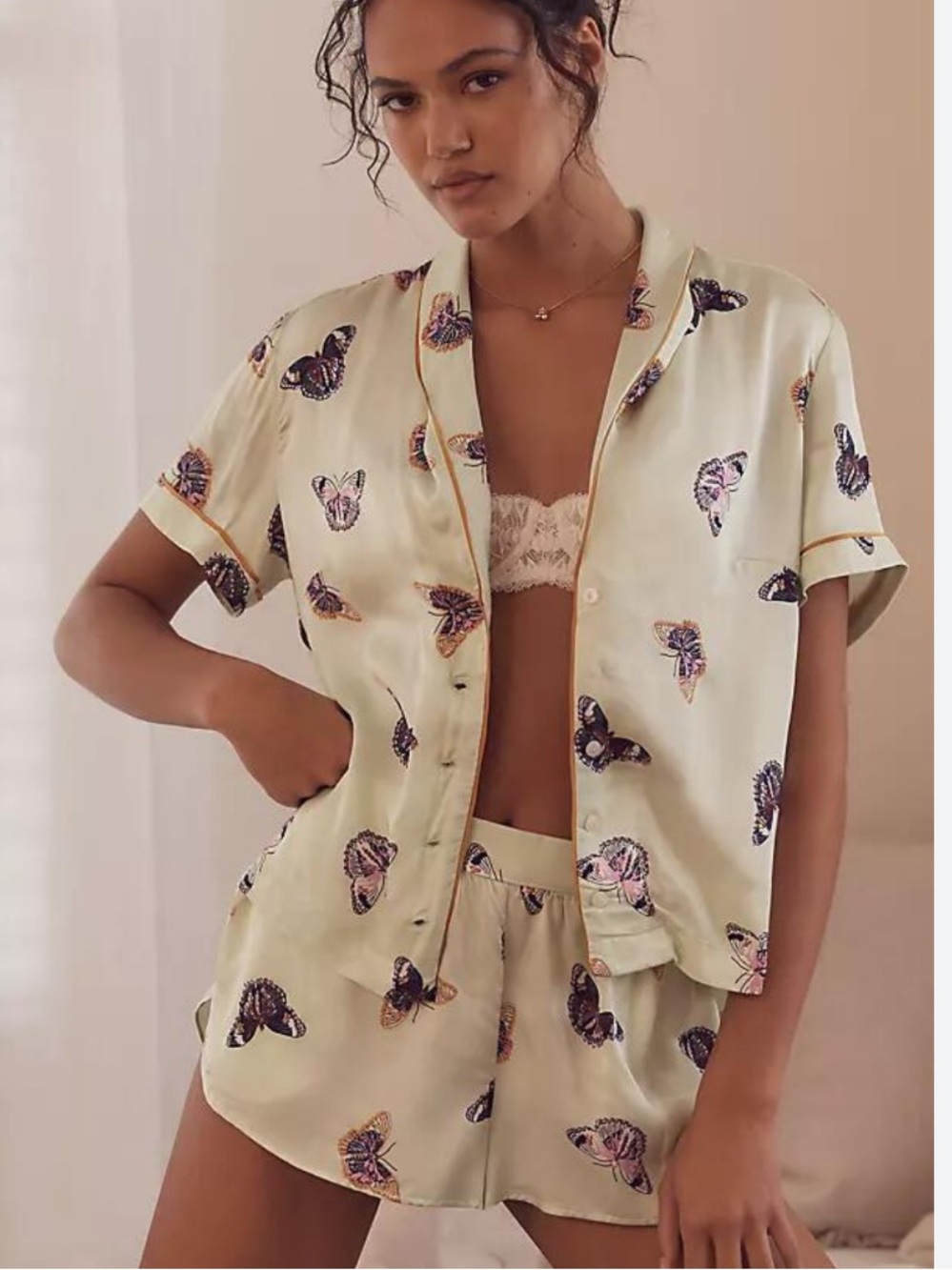 Anthropologie Pale Yellow Butterfly Satin Pajama Set